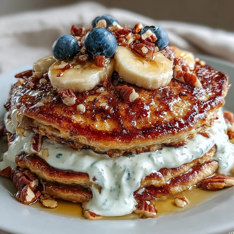 Angerichtete Protein Pancake Bowl mit cremigem Joghurt, leuchtenden Beeren und knusprigen Granola-Stücken zum Frühstück.