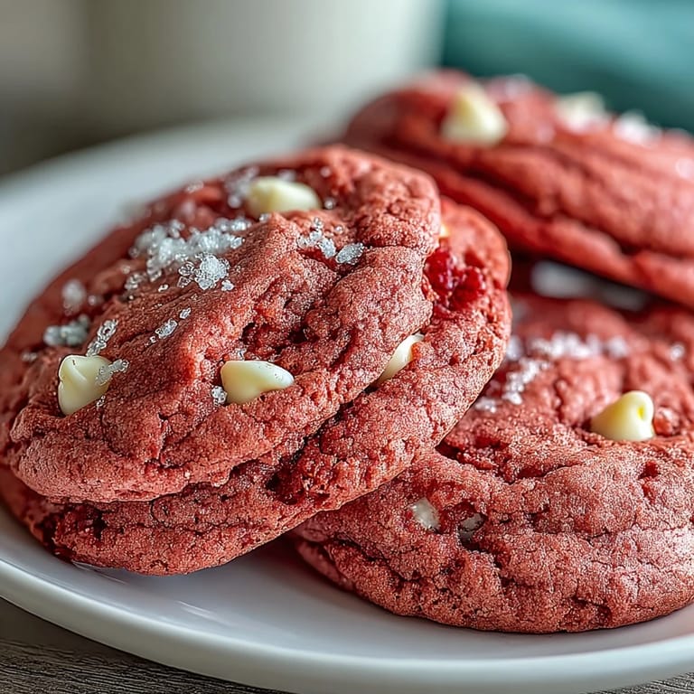 Gebackene Pink Velvet Cookies mit zarter rosa Färbung und süßer Glasur beträufelt.