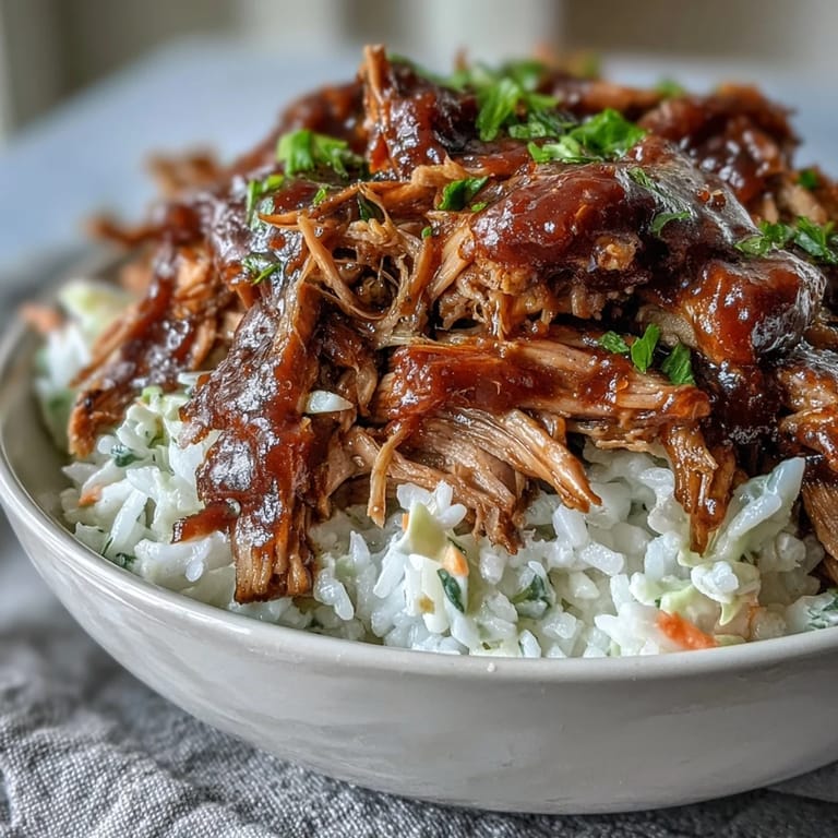A colorful Pulled Pork Bowl served as a main dish, with seasoned pulled pork, white rice, and tangy coleslaw garnished with cilantro.