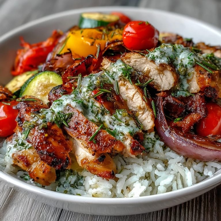 Gebackene Zitronen-Kräuter-Hähnchenschüssel mit karamellisiertem Gemüse, serviert mit cremigem Joghurt und frischen Kräutern.