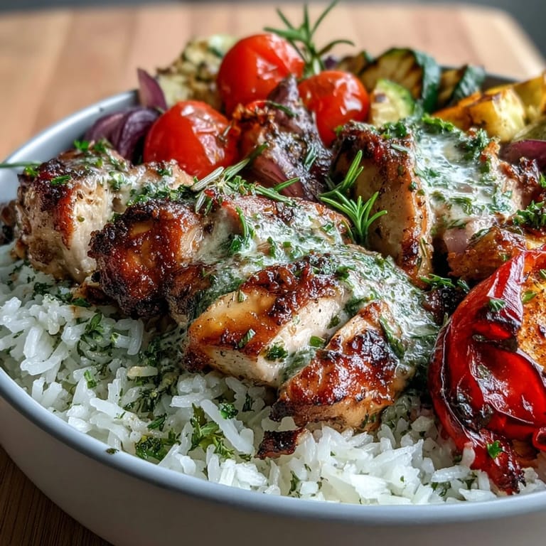 Zitronen-Kräuter-Hähnchenschüssel mit saftigem Fleisch, buntem Gemüse und fluffigem Reis auf dem Tisch.