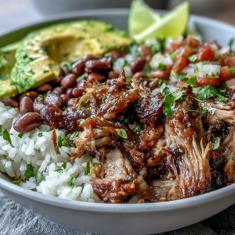 Hausgemacher Carnitas Bowl mit saftigem Fleisch, duftendem Reis, pinto Bohnen, würziger Salsa und Avocado.