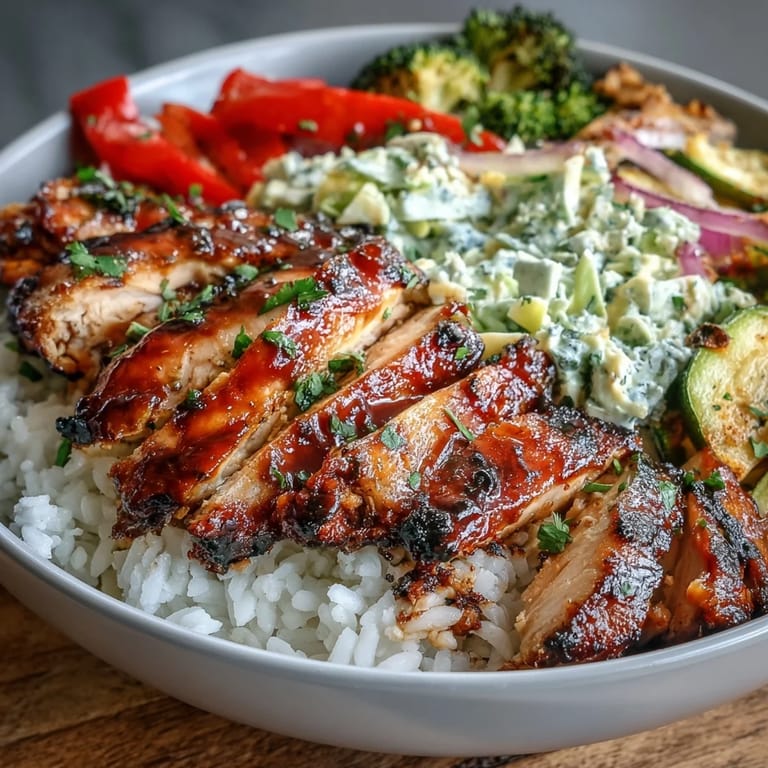 American BBQ Chicken Bowl: perfectly caramelized chicken over white rice, with vibrant roasted peppers and zucchini for a wholesome dinner.