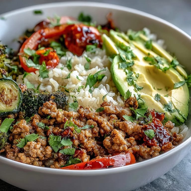 Eine ausgewogene Mahlzeit mit würzigem Putenhackfleisch, knusprigen Ofengemüsen und braunem Reis, serviert mit frischen Kräutern und einem Spritzer Limette.