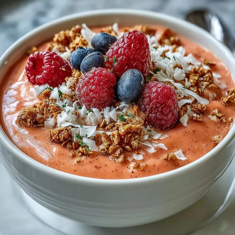 Tropische Guava and Mango Smoothie Bowl mit Griechischem Joghurt, Bananenbasis und Minzblättern für einen erfrischenden Snack.