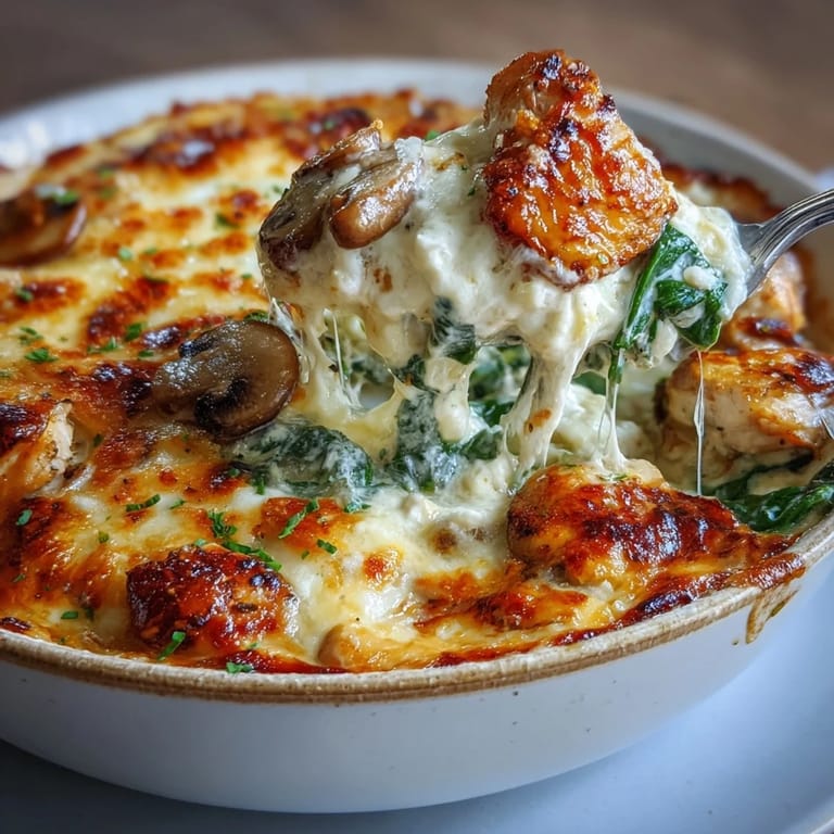 Golden brown Chicken Spinach & Mushroom Low Carb Oven Dish plated beside a fresh green salad for a low-carb dinner.