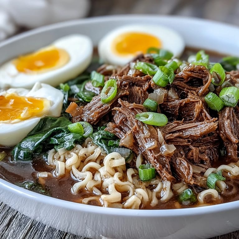 A rich, savory broth for Slow Cooker Beef Ramen Noodles, garnished with soft-boiled egg and sesame seeds.