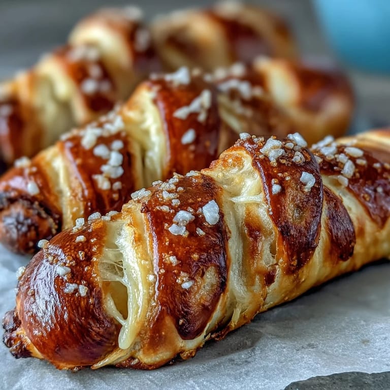 Goldbraun gebackene Soft Baked Cheesy Pretzel Dogs mit saftigem Hot Dog und zäher Käsefüllung.