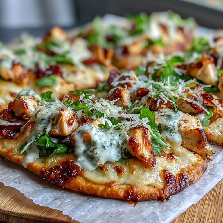 Cheesy Garlic Naan Chicken Caesar Pizzas are sliced and served hot on a board.