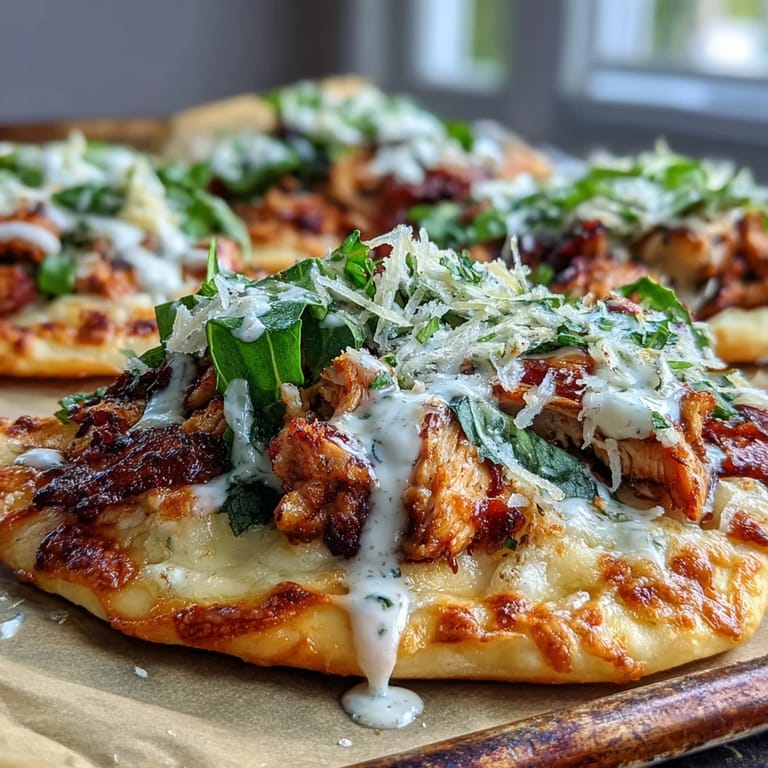 Melted mozzarella on Garlic Naan Chicken Caesar Pizzas with Caesar dressing drizzle.