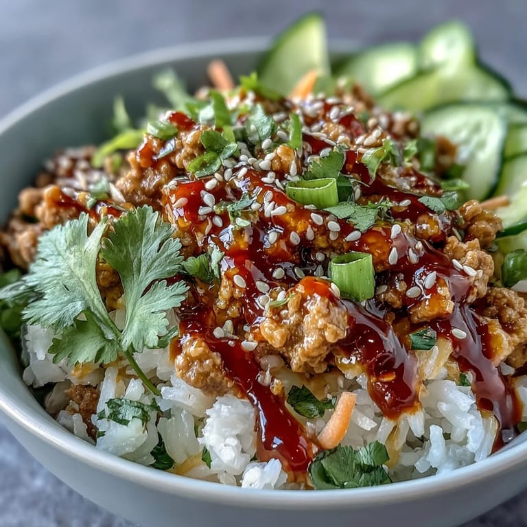 Saftige Spicy Bang Bang Turkey Rice Bowls mit Limettenkeilen und Sriracha-Sauce