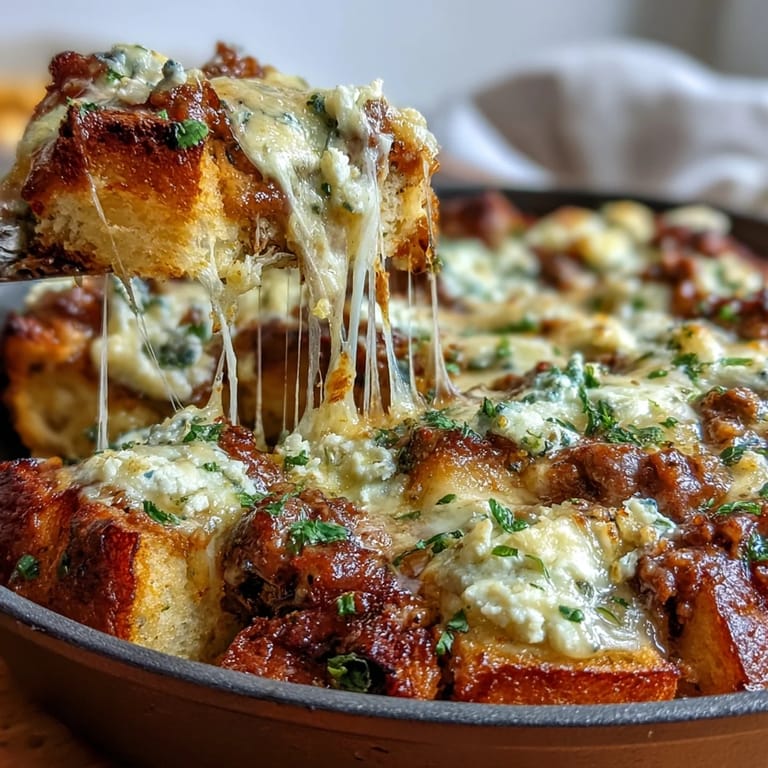 Mundwasserndes Cheesy Garlic Bread Lasagna Skillet mit Schichten aus Knoblauchbrot und Lasagnefüllung auf einem rustikalen Teller.