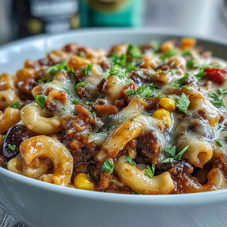 A hearty bowl of One-Pot Tex-Mex Chili Mac with Corn is garnished with green onions and melted cheddar alongside crunchy tortilla chips.