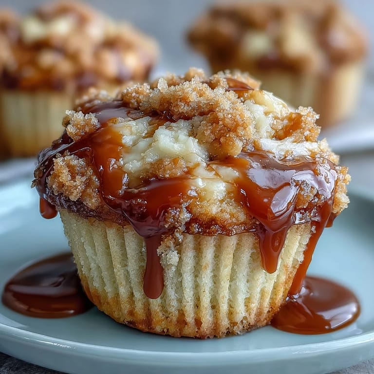 Saftige Caramel Cream Cheese Swirl Muffins frisch aus dem Ofen, bestreut mit Zucker und Zimt.