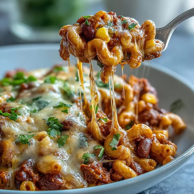 One-Pot Tex-Mex Chili Mac mit Mais, Käse überbacken und mit Jalapeños garniert