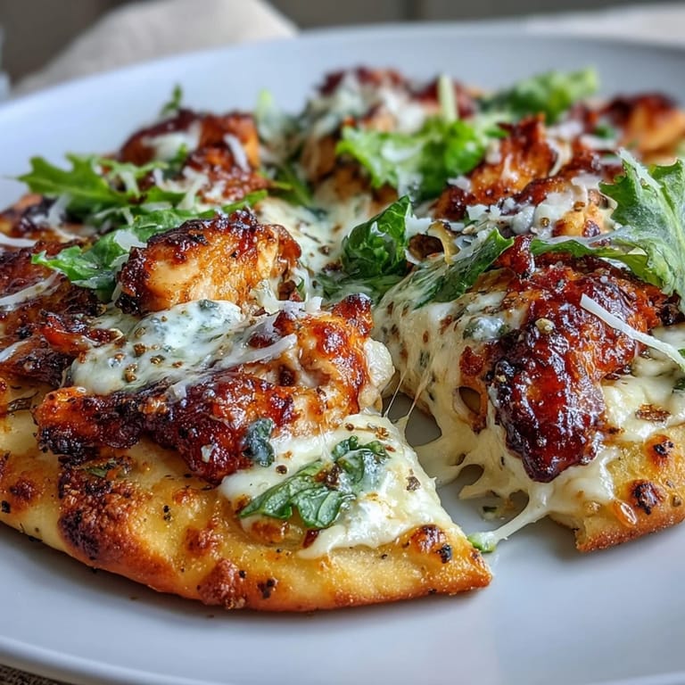 Goldbraun gebackene Garlic Naan Chicken Caesar Pizzas mit saftigem Hähnchen und cremigem Mozzarella