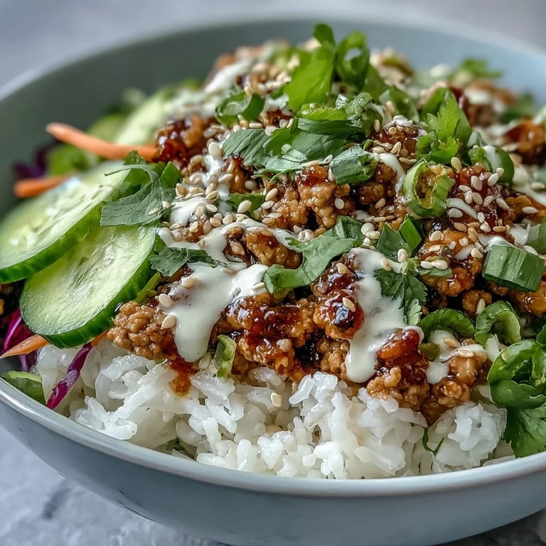 Genieße Bang Bang Turkey Reis Bowls mit fluffigem Reis, Sesam und Limetten-Akzenten für schnelle Abendessen-Ideen.