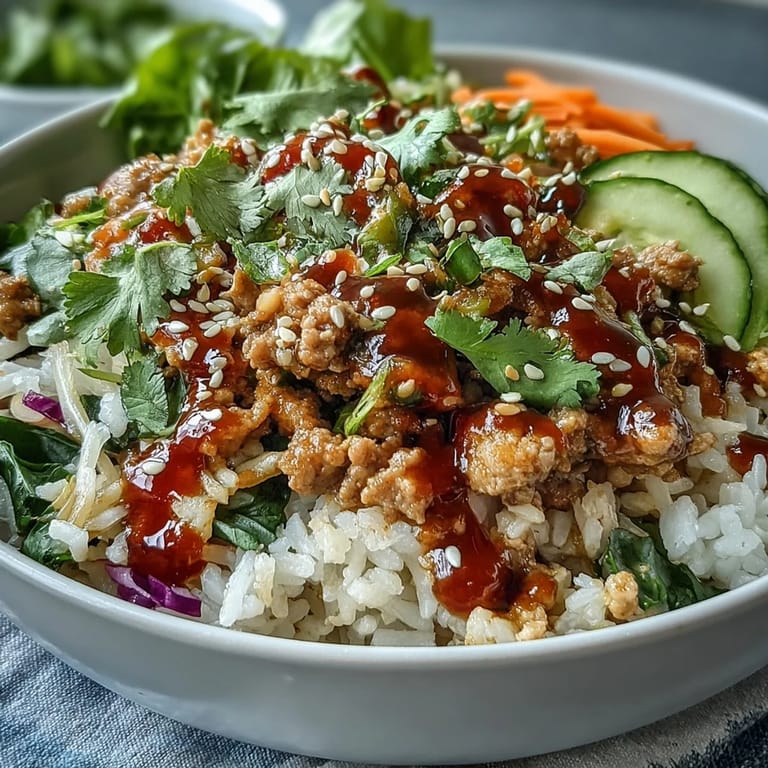 Asiatisch inspirierte Bang Bang Turkey Reis Bowls mit buntem Kohl, Karotten, Gurken und würziger Kick-Sauce.