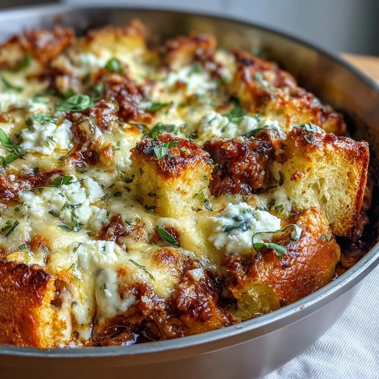 Röstige Brotwürfel, saftige Rinderfleischsauce und cremige Ricottaschichten in einer dampfenden Cheesy Garlic Bread Lasagna Skillet direkt aus dem Backofen.