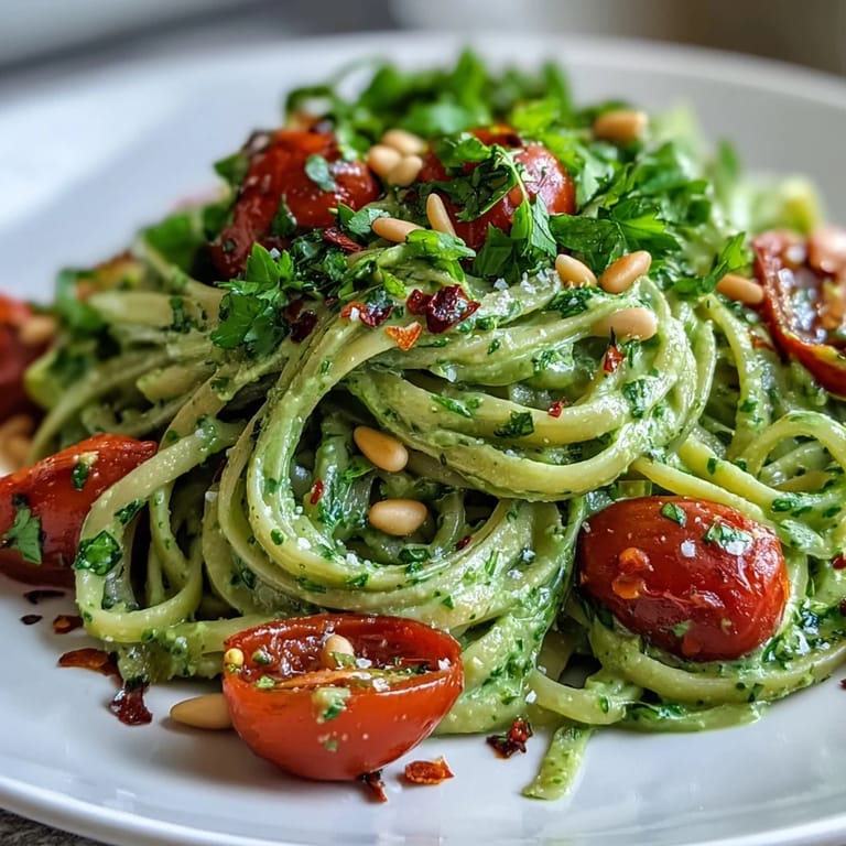 A vibrant serving of Vegan Creamy Avocado Lime Pasta with Cherry Tomatoes, garnished for a healthy dinner.