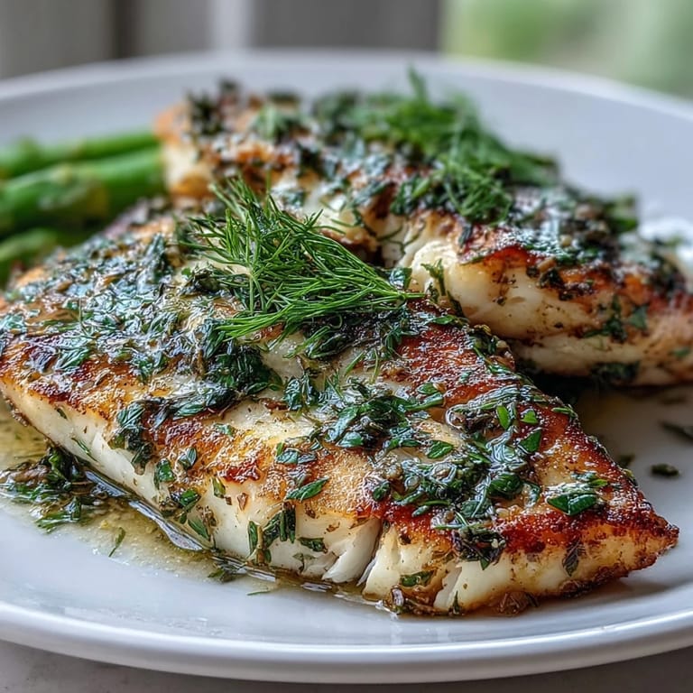 Saftige Lemon Herb Tilapia neben goldbraun gebackenem Spargel mit Zitronenscheiben und Petersilie garniert.