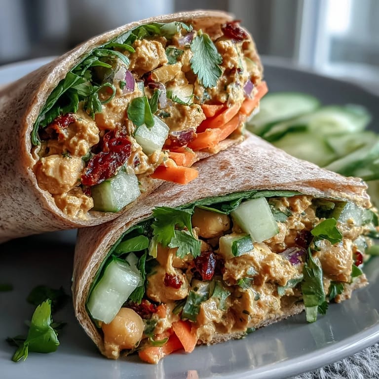 Abendessen-Idee: Vegan Coconut Curry Chickpea Salad Wraps, frisch gerollt mit Spinat und Karotten.