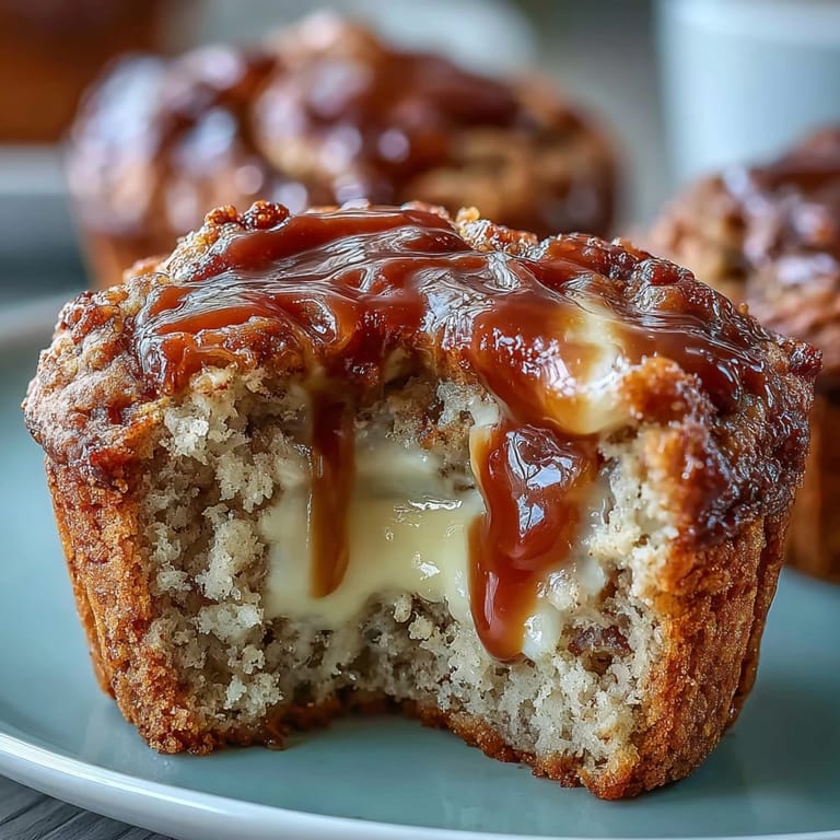 Warm Caramel Cream Cheese Swirl Muffins marbled with cream cheese, served on a rustic board.