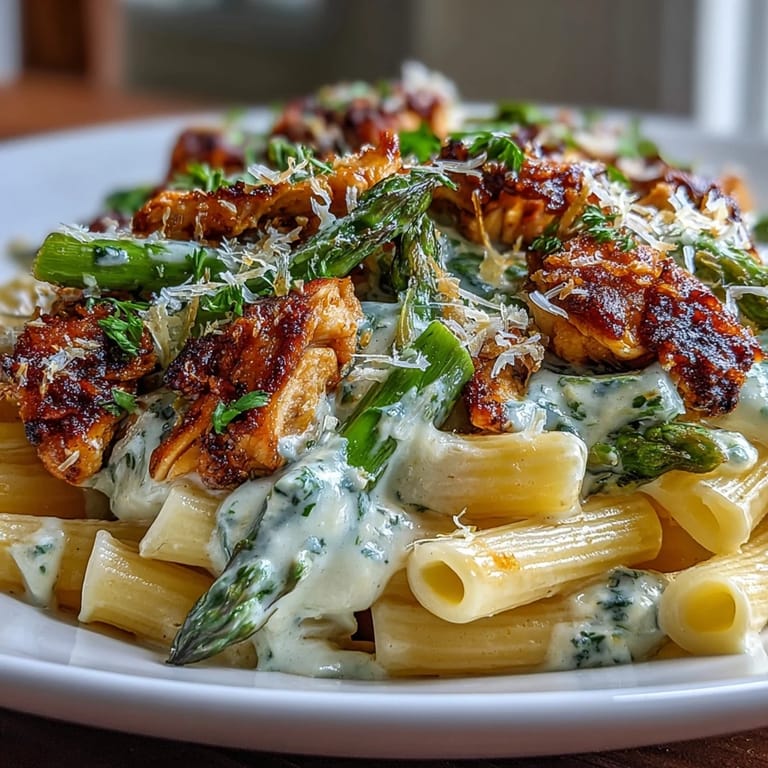 Frisch aus dem Ofen: Crispy Parmesan Asparagus Chicken Pasta mit zitronigem Kick und Petersilie garniert.