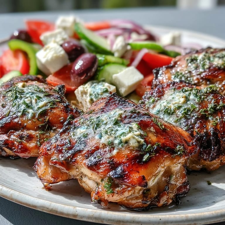 Ein leckerer Teller mit Grilled Lemon Herb Chicken Thighs with Greek Salad, serviert mit Feta, Oliven und Zitronenspalten.