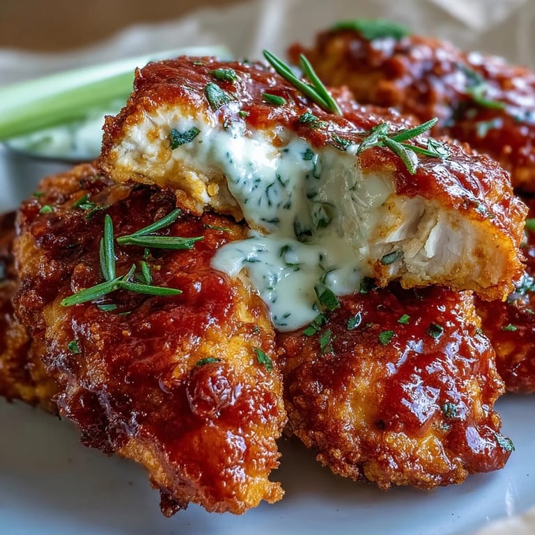 Goldbraune, würzige Hähnchen-Tenders, überzogen mit fruchtig-scharfer Buffalo-Sauce, begleitet von frischen Selleriesticks und hausgemachtem Ranch-Dip.