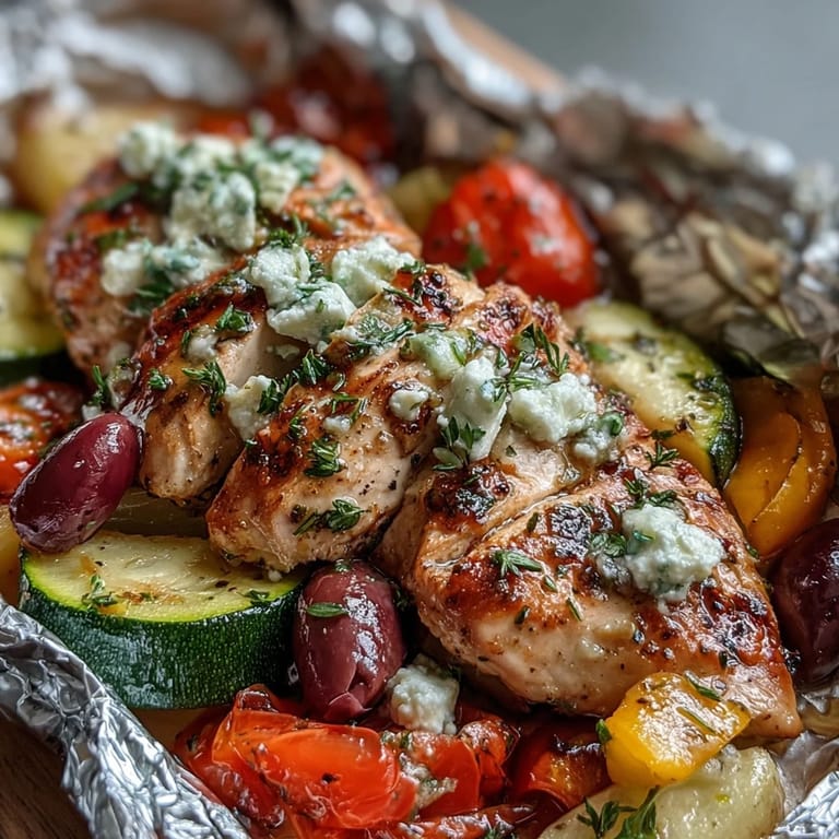 2. Zitronen-Orangen-Hähnchen mit Paprika und Zucchini in Folie – griechisch gewürzte Zutaten, knusprig gegart, serviert mit Feta und frischer Petersilie.  