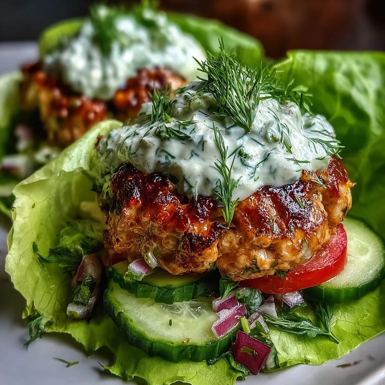 Frische Truthahn-Burger in Salatblättern mit Avocado-Dill-Sauce – leicht, kohlenhydratarm und voller Geschmack.