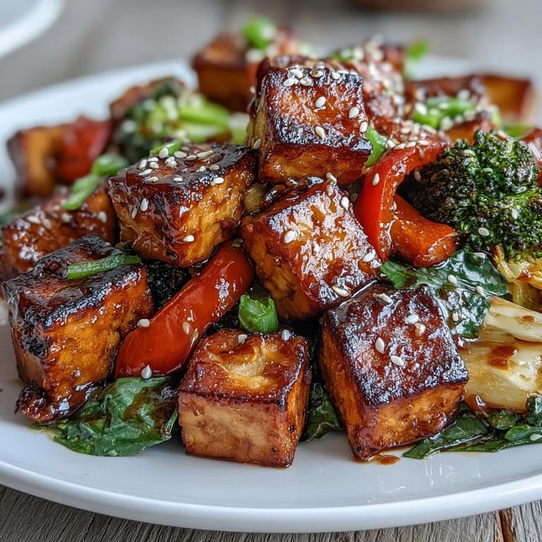 Gesundes veganes Teriyaki-Tofu-Blattpfannengericht with knackigem Brokkoli, süßen Paprika und karamellisiertem Tofu in würziger Sauce.  