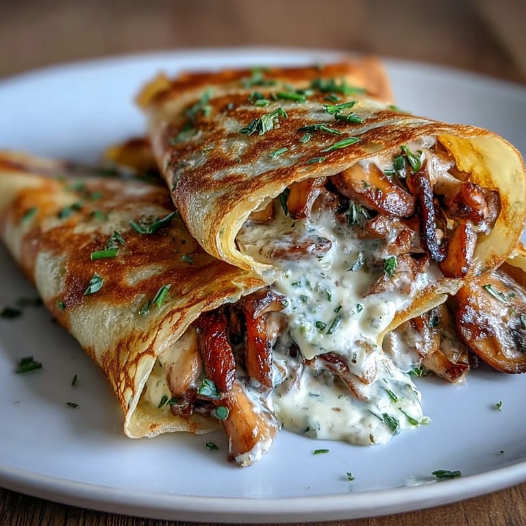 2. Herzhaft gefüllte Crepes mit einer Mischung aus Wildpilzen, Schalotten und frischen Kräutern, ideal für ein leichtes Hauptgericht.  