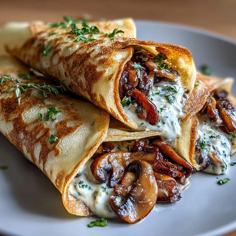 3. Duftende Wildpilze in einer cremigen Sauce, in hauchdünne Crepes gewickelt und mit Gruyère überbacken.