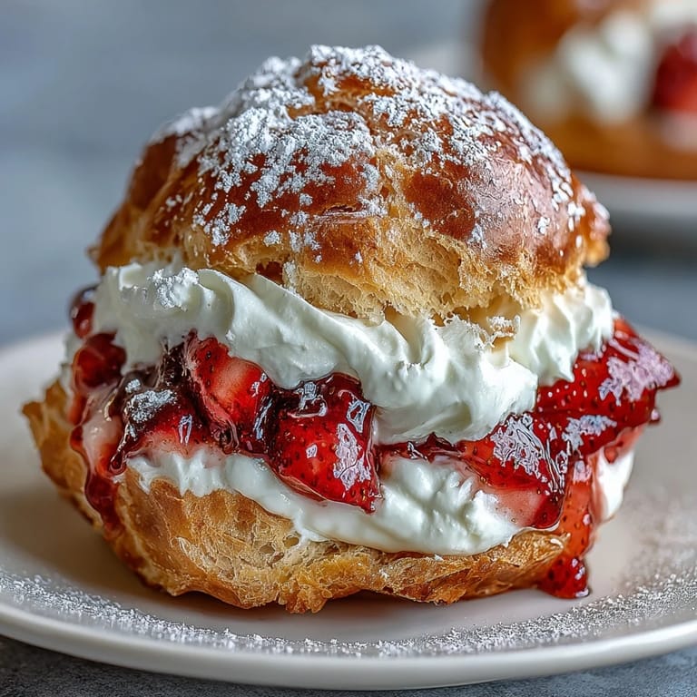 Knusprige Choux-Brötchen gefüllt mit frischer Erdbeer-Sahne-Creme, garniert mit Puderzucker und Beeren.