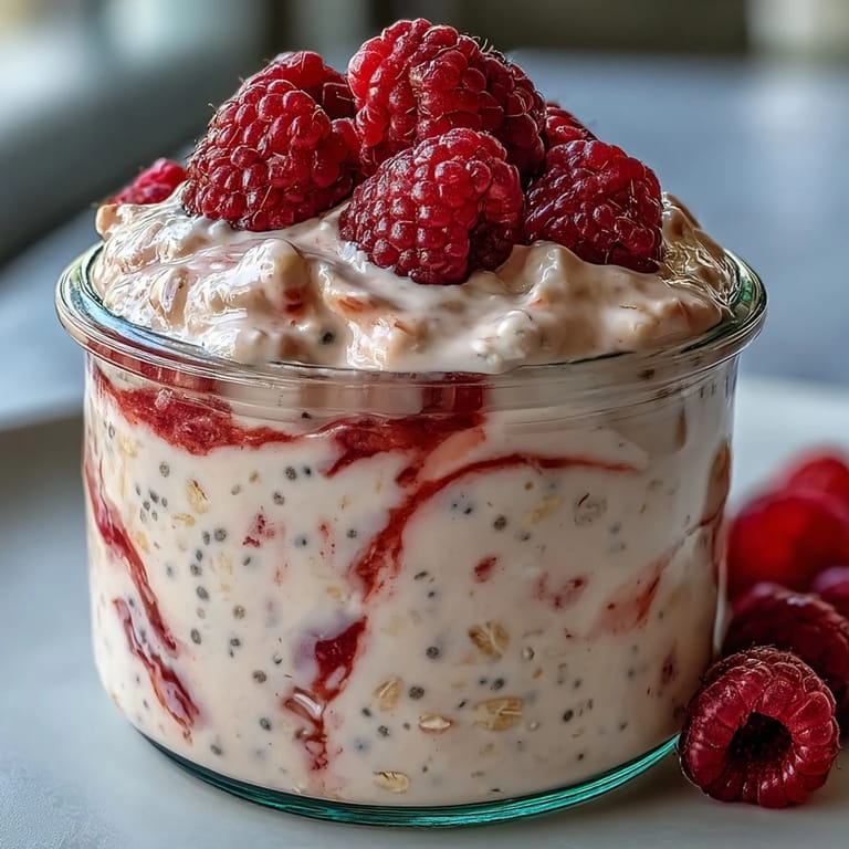 Gesunde Overnight Oats mit süßen Himbeeren und nahrhaften Chiasamen, perfekt für ein schnelles Frühstück.