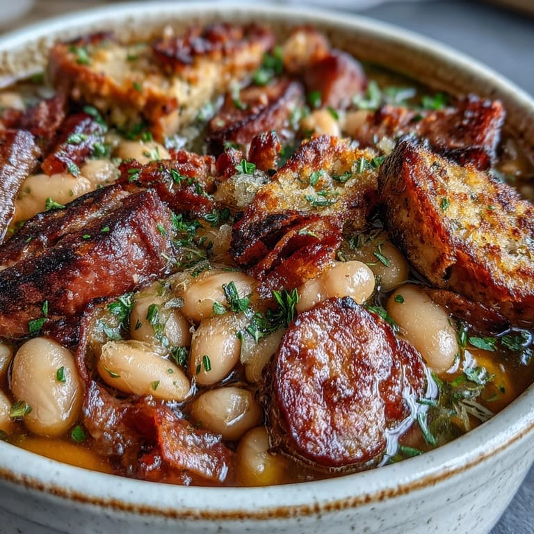 Eine rustikale Schüssel voll cremiger weißer Bohnen und gewürfeltem Schinken, verfeinert mit aromatischen Kräutern und knusprigem Brotkruste.