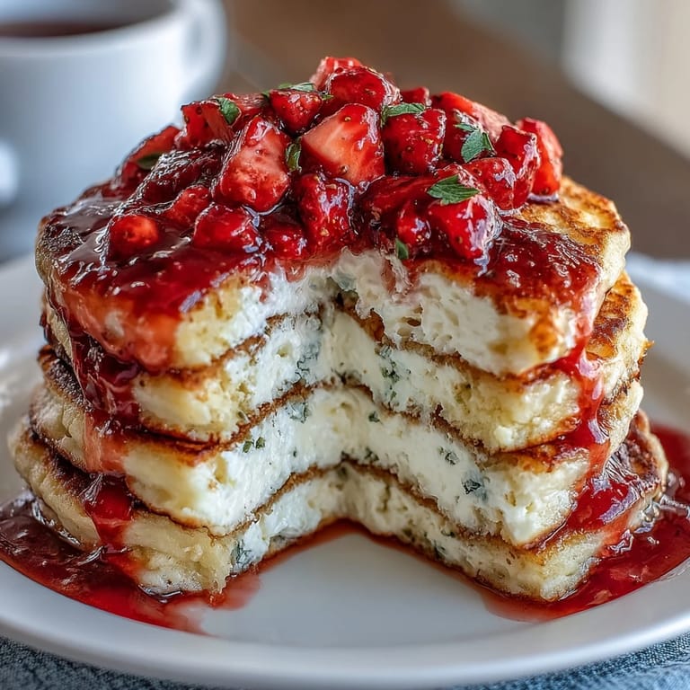 Zarte Proteinpfannkuchen mit Cottage Cheese, gefüllt mit saftigen Erdbeeren, ideal für einen nahrhaften Start in den Tag.