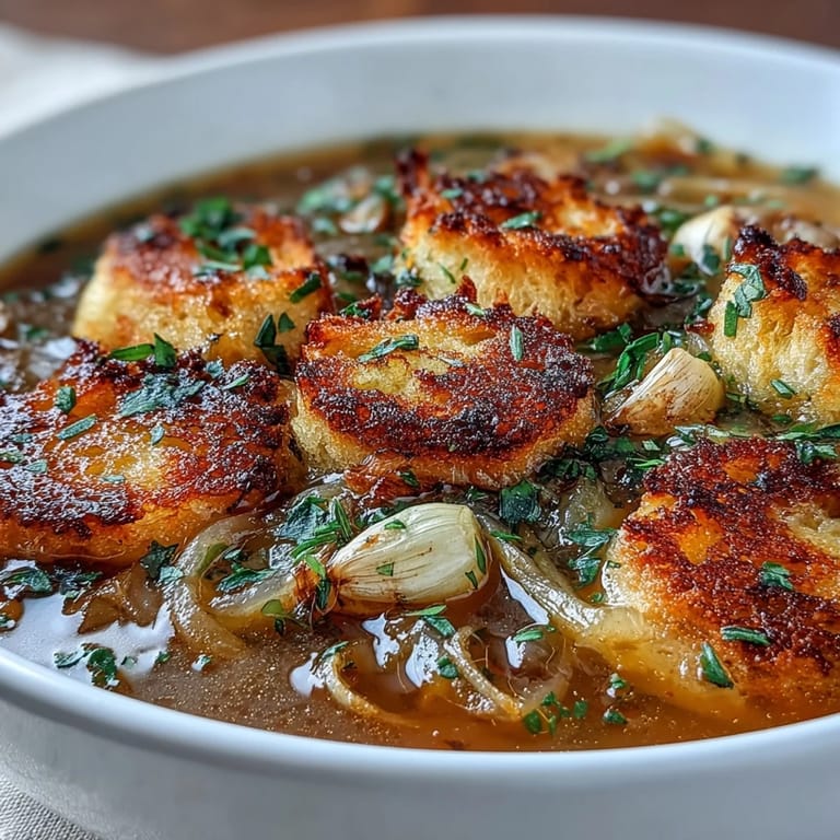 2. Cremige Suppe mit tiefem Geschmack von karamellisierten Zwiebeln und geröstetem Knoblauch, serviert mit aromatischen, knusprigen Kräuter-Croûtons.  