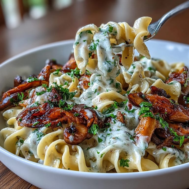 1. Herzhaftes vegetarisches Stroganoff mit karamellisierten Zwiebeln, gebratenen Pilzen und cremiger Sauce über Eiernudeln, garniert mit frischem Petersilie.