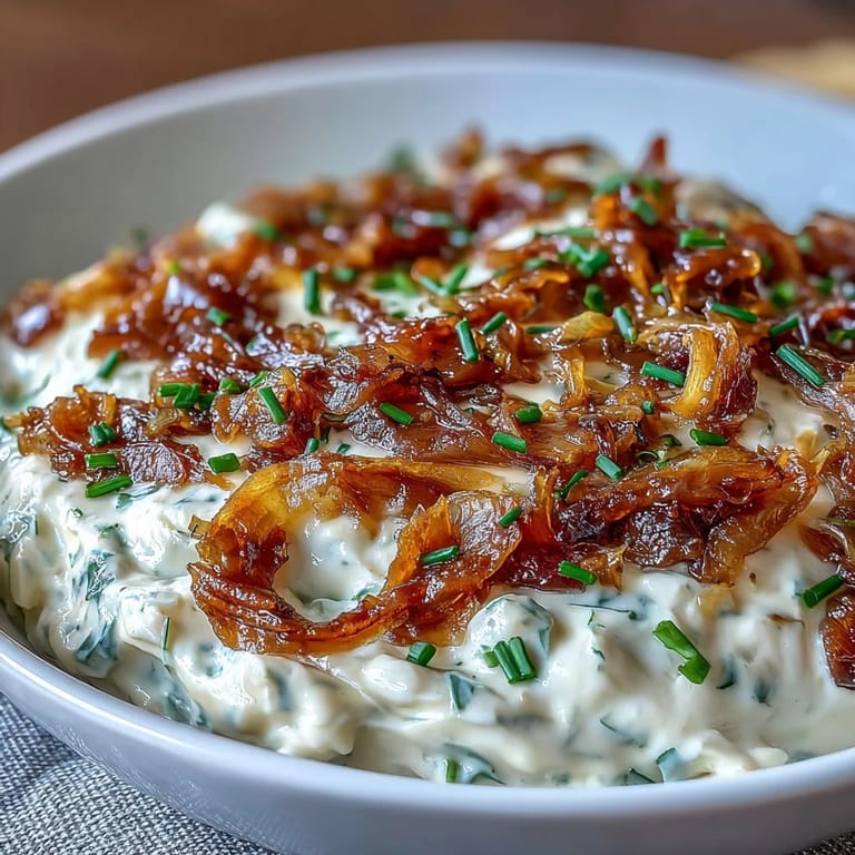 Goldene, karamellisierte Zwiebeln werden in cremigen griechischen Joghurt gemischt für einen reichen, würzigen Dip.  