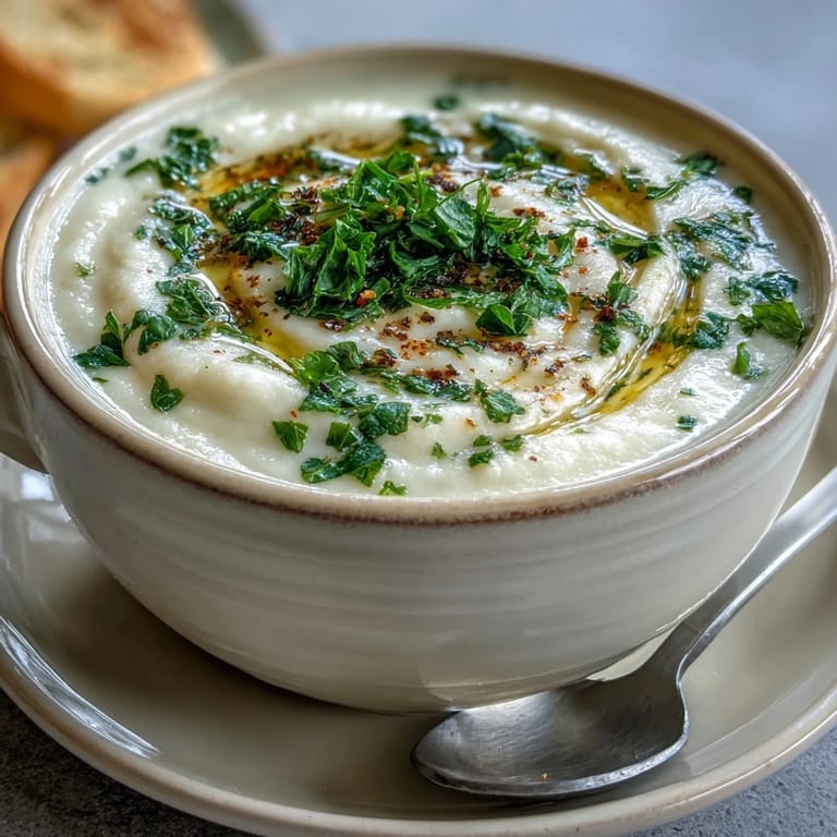 Nahaufnahme einer samtigen Zwiebel- und Blumenkohlsuppe, dekoriert mit einem Olivenöl-Tropfen und Schnittlauch.