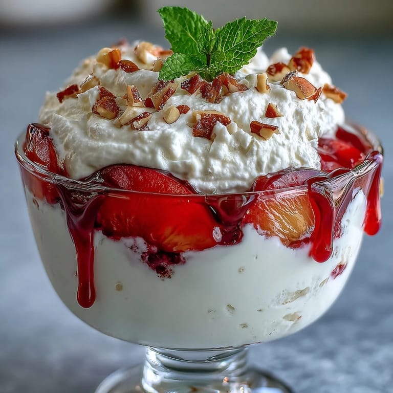 Fluffy Yogurt Peach Melba Cups with Toasted Almonds: light dessert with velvety yogurt, sweet peaches, vibrant raspberry coulis, and golden almond crunch.