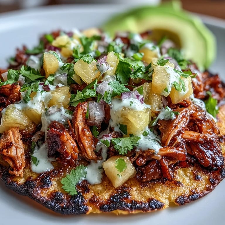 Garnierte Hähnchen-Ananas-Tostadas mit frischem Koriander und Limettencreme auf knusprigen Maistortillas.  