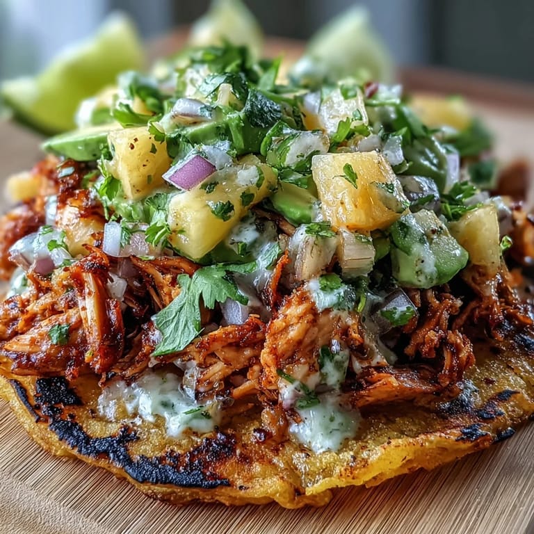 Saftiges Hühnchen auf goldbraunen Tostadas mit scharfer Ananas-Salsa und frischer Limetten-Sauerrahm-Drizzle.