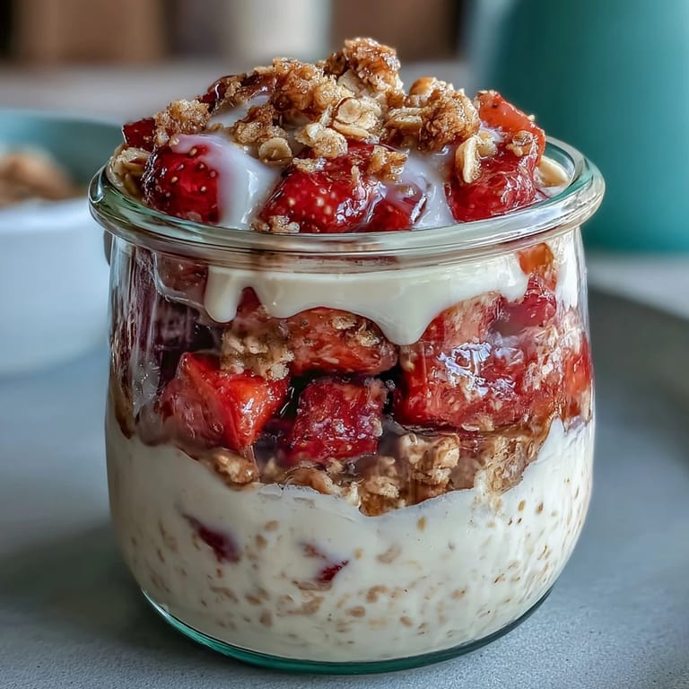 3. Erdbeer-Cheesecake-inspirierte Overnight Oats mit griechischem Joghurt, frischen Beeren und goldbraunem Graham-Cracker-Crumble für ein einfaches, köstliches Frühstück.