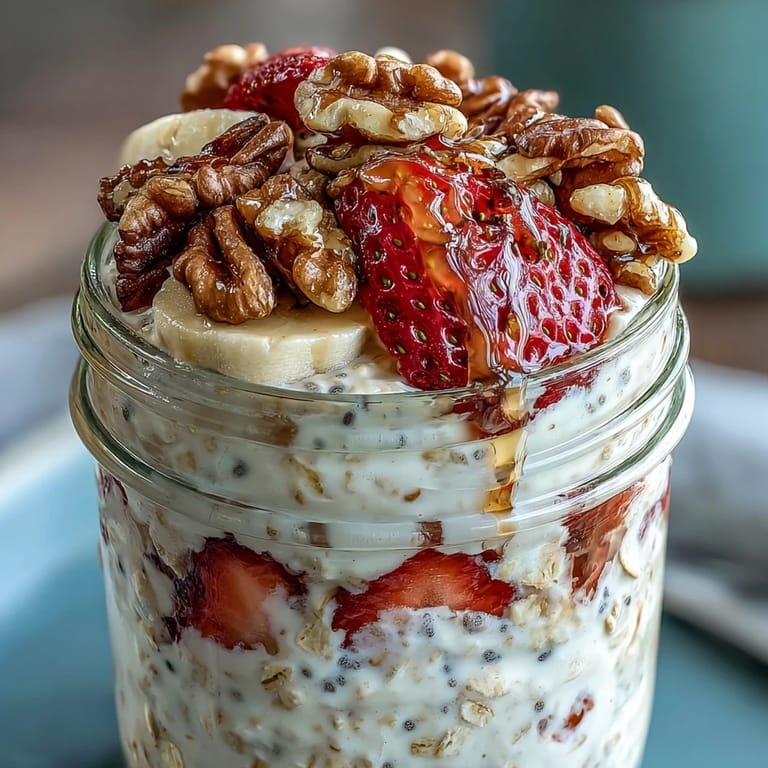 3. Ein Glas voll Strawberry Banana Bread Overnight Oats mit Walnüssen, garniert mit zusätzlichen Früchten und einem Honig-Drizzle.