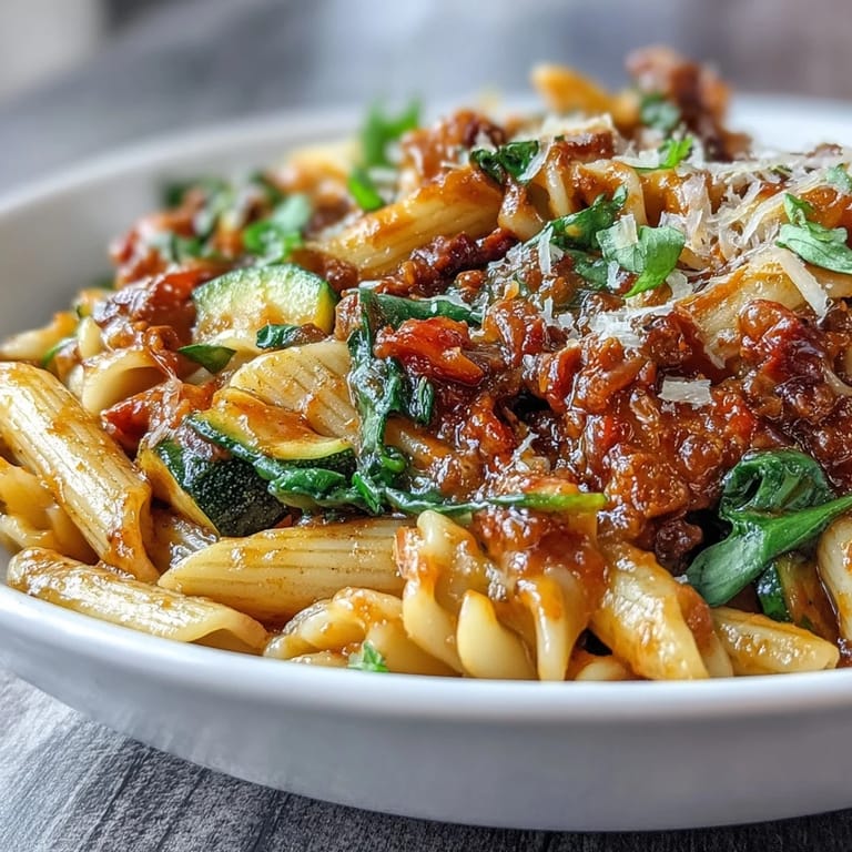 Dampfende One-Pot Budget-Friendly Pasta mit Zucchini, Paprika und Spinat, serviert mit extra Parmesan.