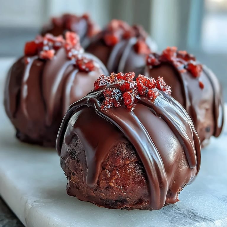 3. Opulente Trüffel mit Erdbeer-Ganache, umhüllt von dunkler Schokolade und veredelt mit funkelnden Goldflakes.